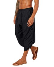 Gafeng Mens Linen Harem Capri Pants Drawstring 3/4 Shorts Casual Beach Yoga H...