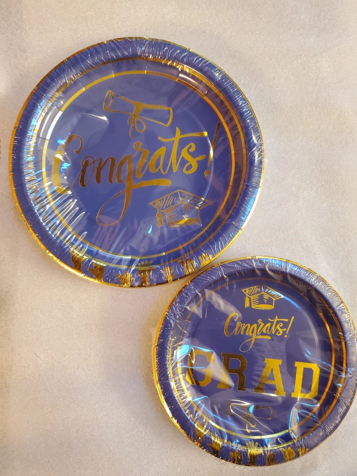 270 Piezas Suministros Fiesta Graduación con Juego Vajilla Desechable Azul y Dorado Foto 3 de 4