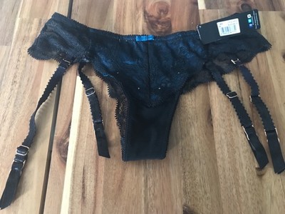 GOSSARD Suspender Brief knicker Black BLUE  Lace Size  uk XS NEW