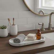 10" Small Oval Marble Tray - Stylish Bathroom  Kitchen Countertop Organizer