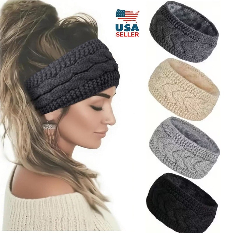 Womens Ear Warmers Headbands Winter Warm Fuzzy Cable Knit Head Wrap Fleece Lined