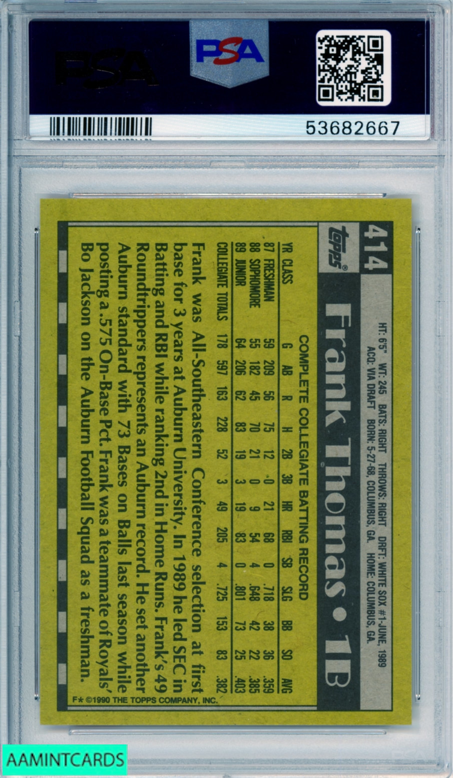 1990 TOPPS FRANK THOMAS #414 NAME ON FRONT ROOKIE HOF WHITE SOX RC PSA 9 MINT view 2
