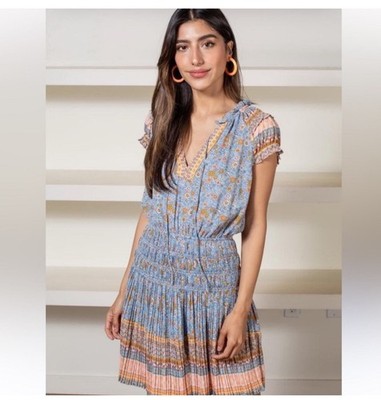 Current Air x Anthropologie Yvette Pleated blue Floral Mini Dress Sz S