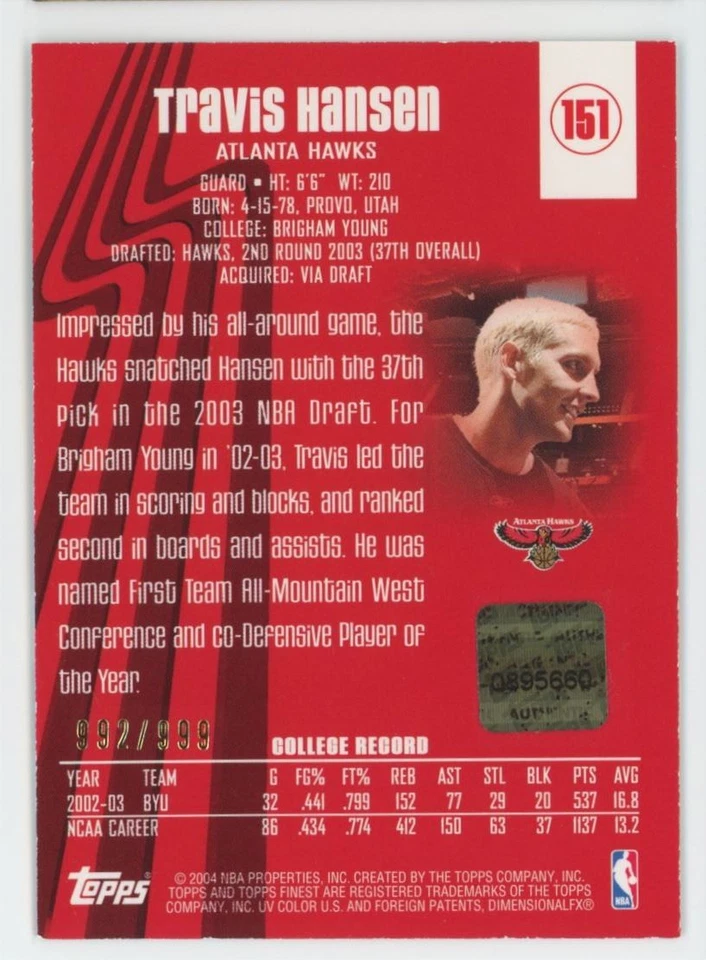 2003-04 Topps Finest Travis Hansen Rookie Auto /999 Hawks #151 A1 - Image 2 of 2
