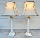 Pair of Italian Carved White Marble Corinthian Column Lamps – 32.5” Tall