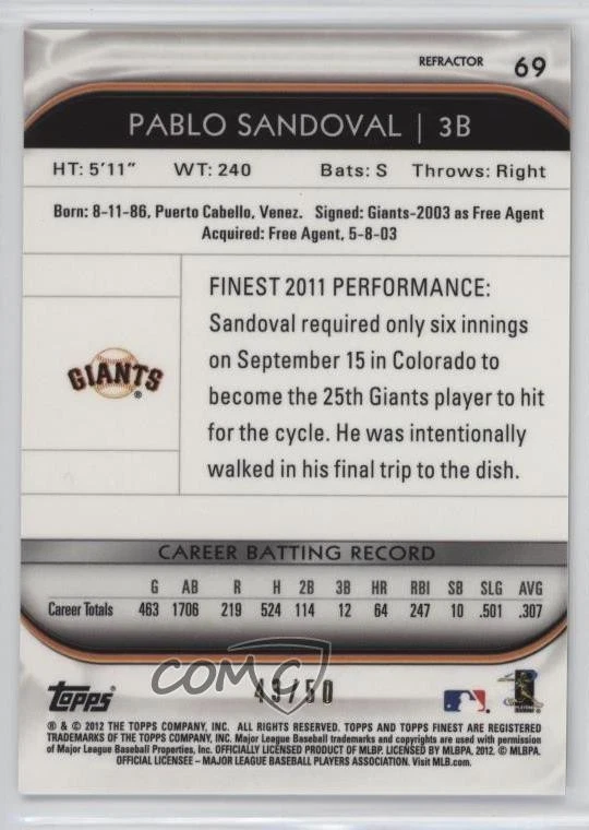 2012 Topps Finest Gold Refractor /50 Pablo Sandoval #69 - Image 2 of 2