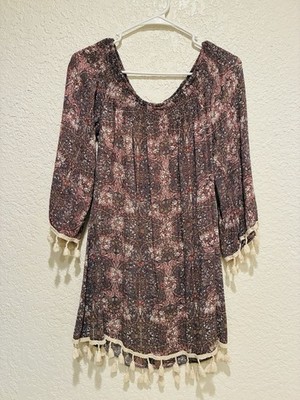 Paper Doll Floral Brown Pink Tassel Scoop Neck 3/4 Sleeve Short Dress M