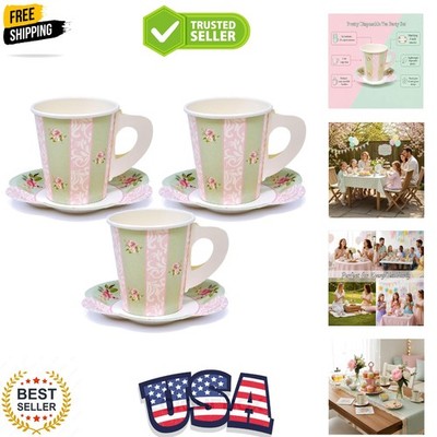 Tea Party Paper Cups and Saucers Set for 24, Floral Disposable Tea Cups with ...