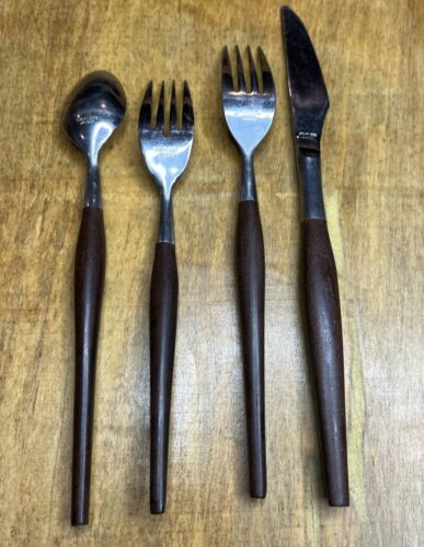 Vtg Ekco Eterna 60’s Flatware 4pc Stainless Silverware Steel Wood Handle Japan - Picture 11 of 15