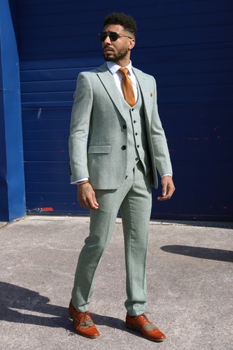 Traje de tres piezas de tweed verde salvia para hombre para bodas de verano graduaciones y carreras - Imagen 4 de 11