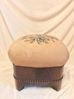 Antique 1880s Flower Needlepoint, Mahogany Wood, Balloon Top, Foot Stool Bench
