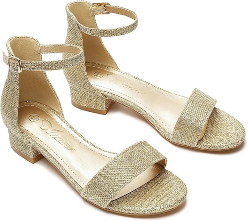 Girls Ankle Strap Open Toe Low Chunky Heel Sandals for Wedding Party Dress Shoes - Picture 16 of 57