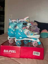SULIFEEL Rainbow Adjustable Light up Roller Skates for Kids Large-Never Worn!