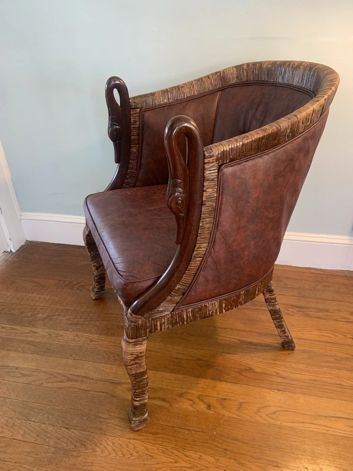 Английский стул со спинкой из красного дерева оригинальный кожаный резной лебедь подлокотник ротанг - Изображение 3 из 4