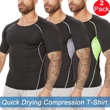 Mens Compression Top T-Shirt Short Sleeve Base Layer Workout Tights Quick Drying