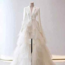 High Low Prom Dresses Tiered V-Neck Long Sleeves Tulle Short Front Long Back