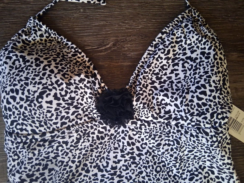 New Kenneth Cole Leopard print Swimsuit SWIMDRESS Large BLACK WHITE ANIMAL PRINT - Image 2 of 4