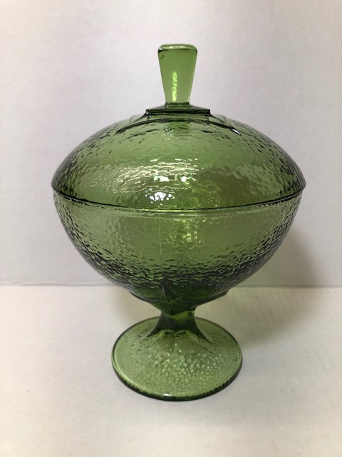 Vintage Green Glass Pedestal Candy Dish With Lid