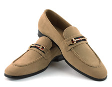 Men's Tan Suede Slip On Gold Buckle Dress Shoes Loafers Formal By AZARMAN