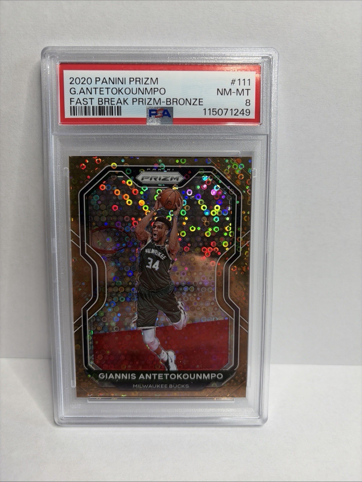 2020-21 Prizm Giannis Antetokounmpo Fast Break Bronze Prizms #8/20 PSA 8 view 1