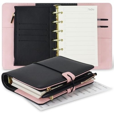  A7 Refillable Planner Small Binder Notebook 6 Ring, Portable PU Black & Pink