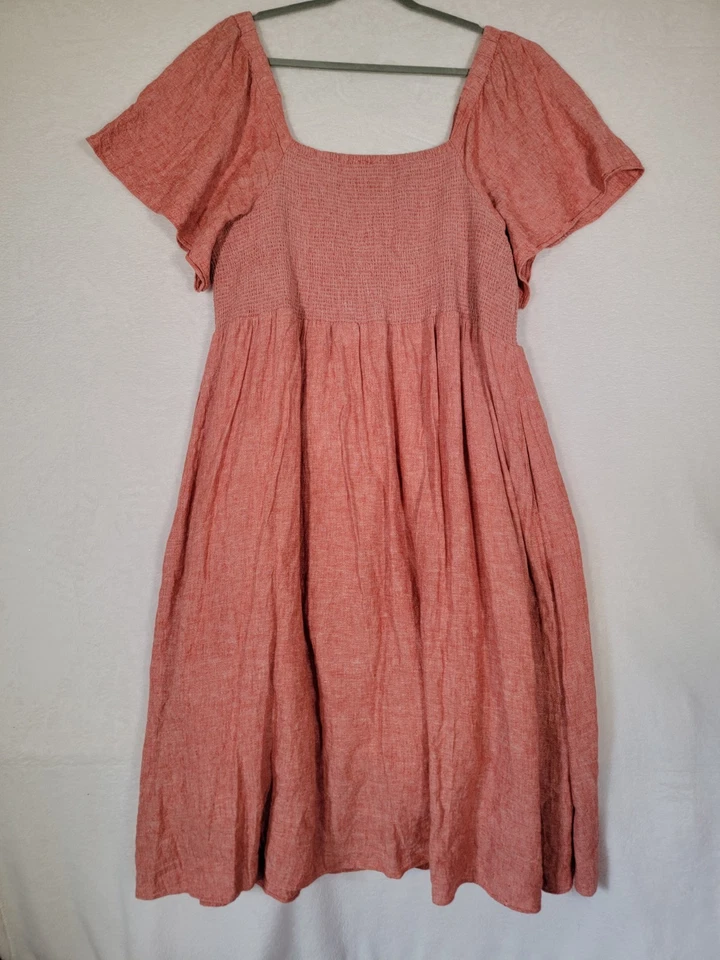 Madewell Women’s Linen-Blend Smocked Midi Salmon Pink Dress Size 1X - Image 3 of 4