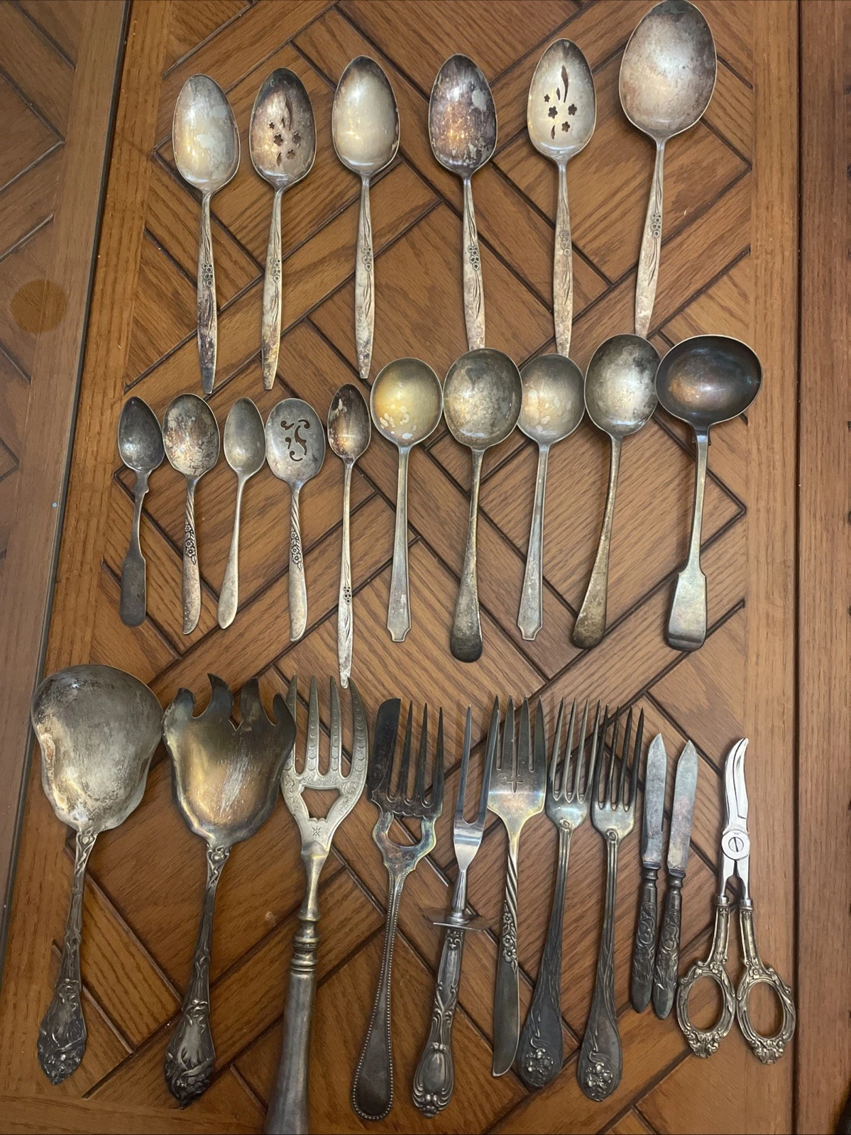 Vintage Mixed Lot of 27 Forks Knives Spoons Serving Pieces