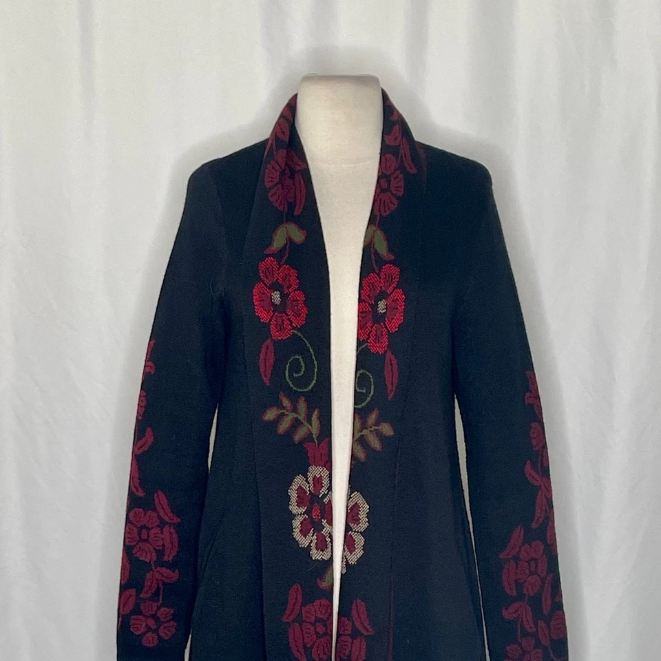 MAXSPORT Black Red Floral Duster Cardigan Sweater Wool Max Sport Knitwear Medium - Image 2 of 4