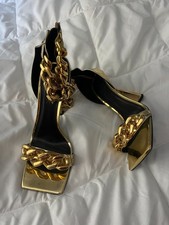 VERSACE Gold Patent Leather Square Toe Chain Strap Heels EU 38.5 US 8.5 24.5 cm