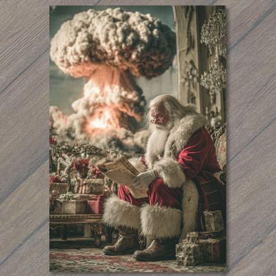 Art Print Santa Reading Newspaper Christmas Chaos Explosion Funny Holiday Card