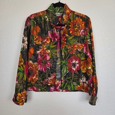 Chico's Women's Floral Open Front Jacket Rayon Silk Metallic Blend Med Artsy