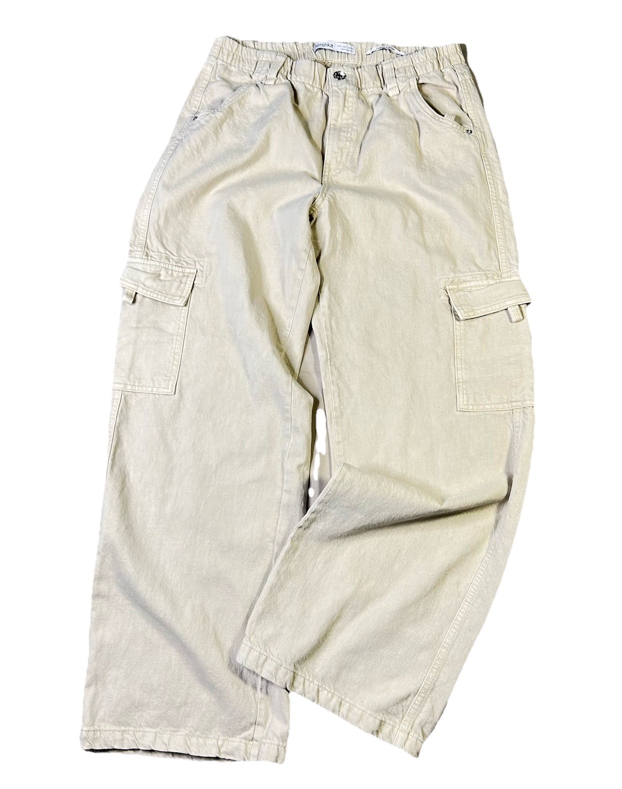 Bershka Women’s Cargo Pants Straight Leg Cream Ivory Casual Trousers Size L
