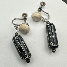 Vintage Black & Clay Bead Screw-Back Earrings Boho Minimalist