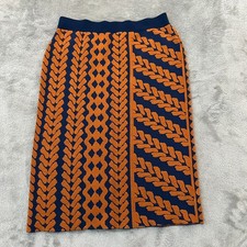 Maeve Anthropologier Navy Blue Orange Motif Knit Midi Skirt LARGE