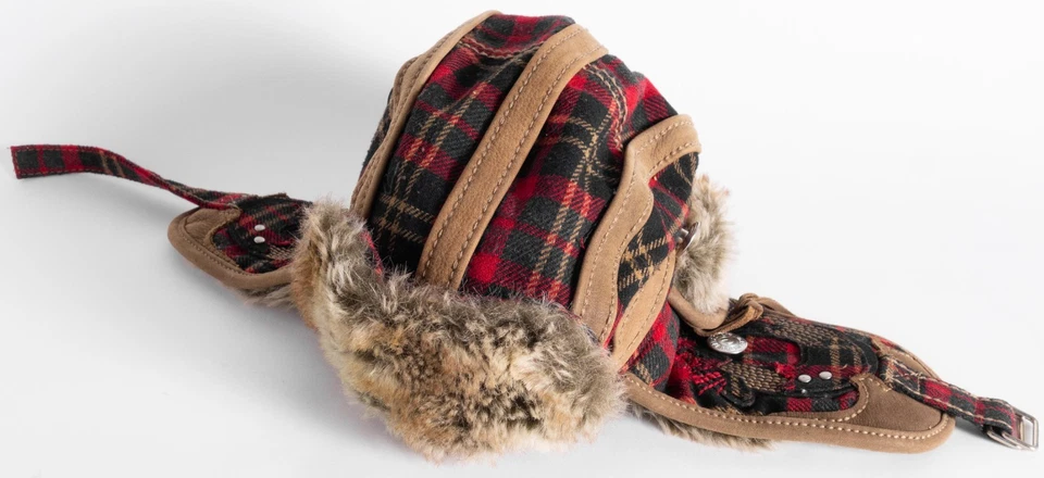 Sombrero de trampero True Religion para hombre L/XL rojo a cuadros piel sintética barbijo broches de presión forrados Foto 2 de 4