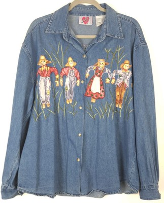 Vintage Keren Hart Denim Embroidered Button Up Shirt Womens XL Fall Scarecrow 