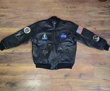 Black Leather NASA Bomber Aviator Jacket Alpha Industries Size Youth Large