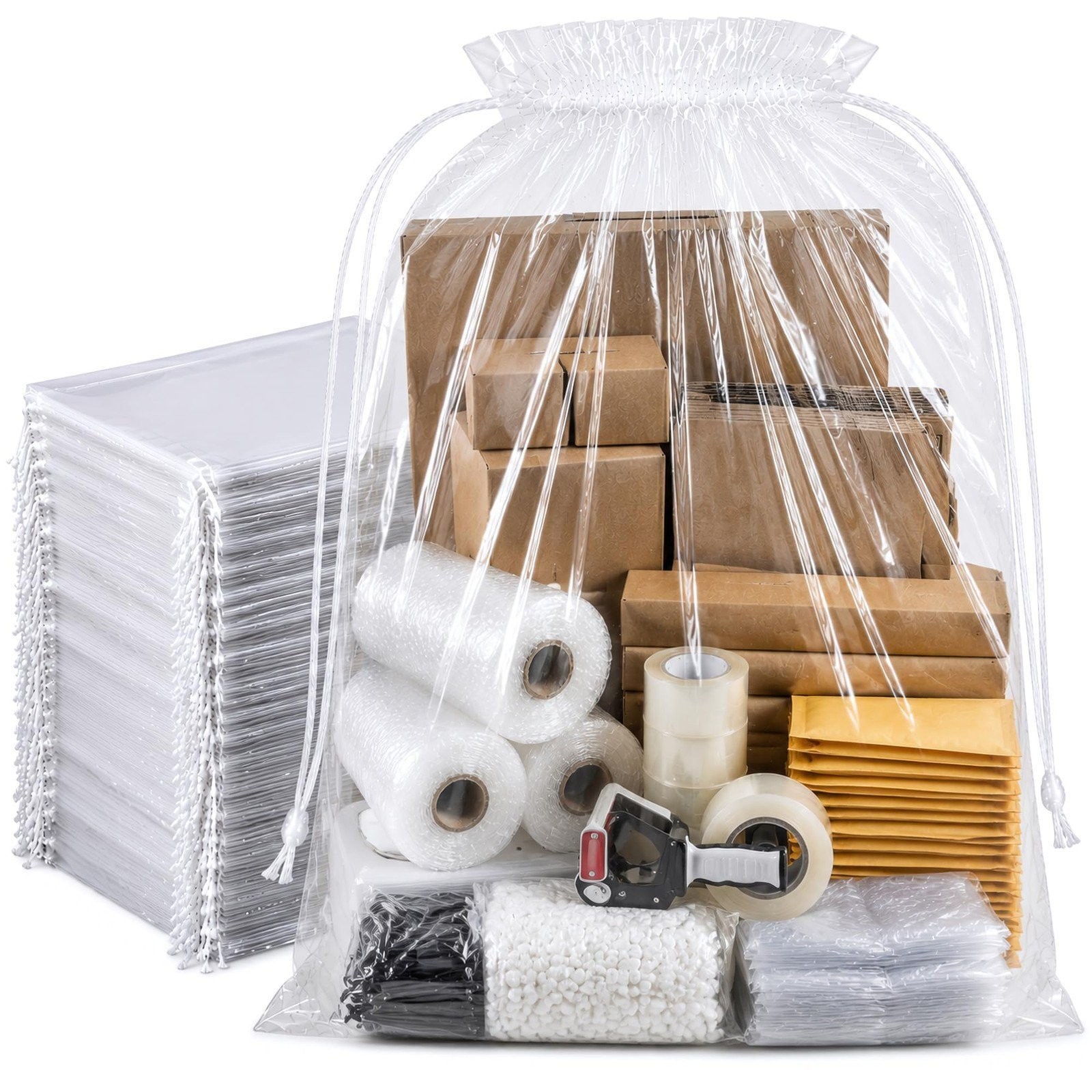 Clear Drawstring Bags, 18 x 24 Inches, 500 Pack, 2 Mil LDPE, Nylon Cord