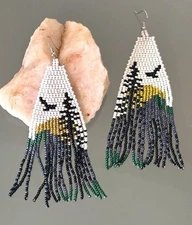 Nature Lover's Eagle Soaring Above Mountains Landscape Hand Beaded Earrings New