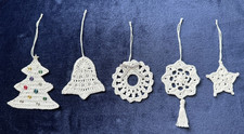 Handmade Crocheted Ornaments, White with multicolor accents , set of 5