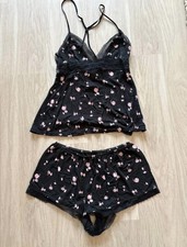 Victoria's Secret Black Pink Floral Lace Cami Pajama Set XS