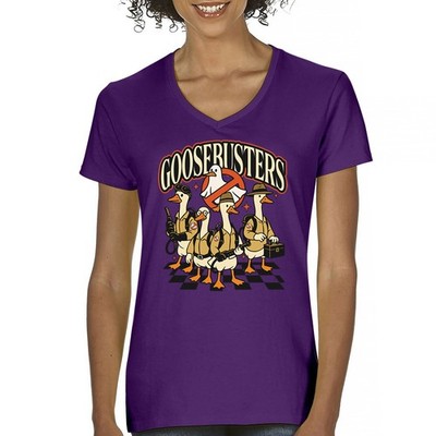 Goosebusters Women's V-Neck T-shirt Halloween Trick or Treat Bag Jack o Lantern