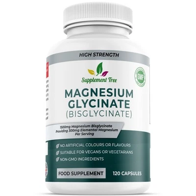 SUPPLEMENT TREE Magnesium Glycinate High Strength 1500mg Muscle Bone Support 120 Vegan Capsules