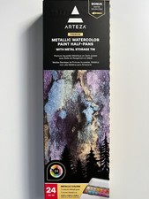 Arteza Metallic Watercolor Paint Half-Pans with Tin - 24 Colors Plus Water Brush