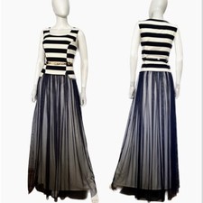 SALE💥NEW WOMEN LONG DRESS STRIPED TOP/TULLE SKIRT BELTED LINED SLEEVELESS GOWN