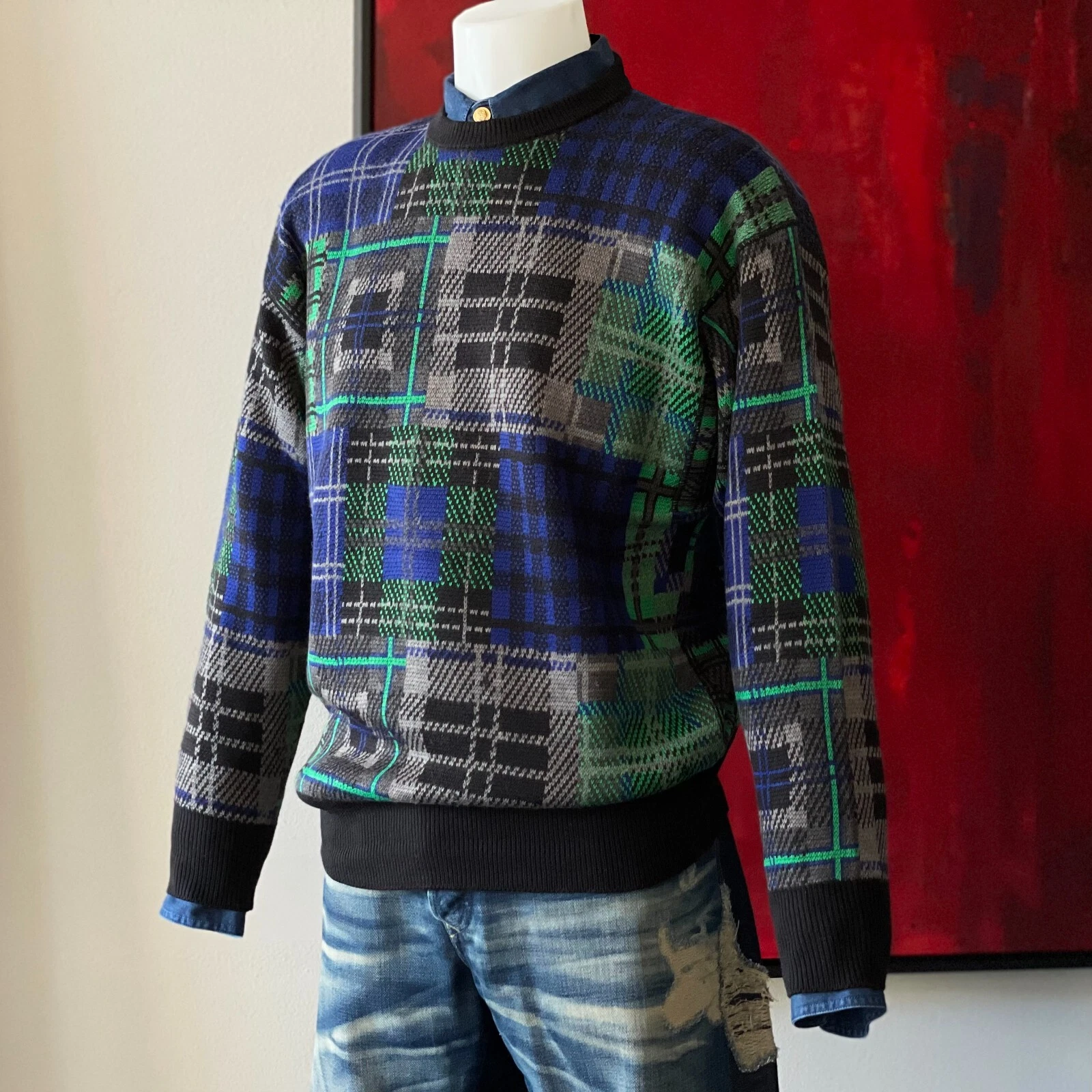 Maglione lana GIANNI VERSACE assortito fantasia tartan scozzesi taglia 52 dal 1987