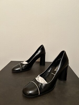 Prada 90's Vintage Black Leather 3.75” Pumps w/White Piping, US