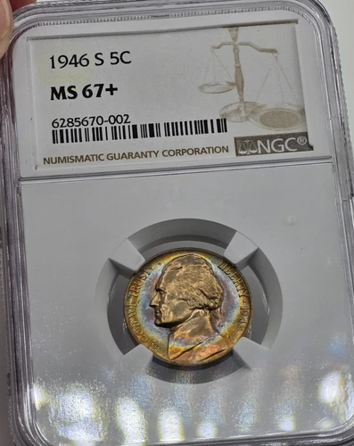 1946 S 5C Jefferson Nickel NGC MS67+ Plus Grade Toned Rainbow Color Toning