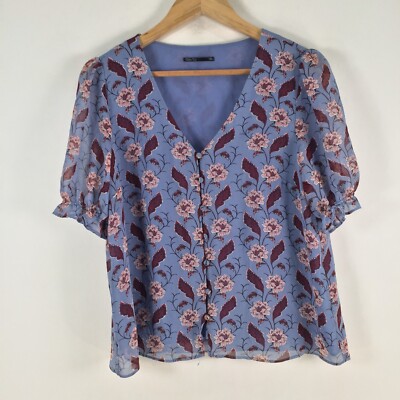 Tokito womens blouse top size 10 blue floral short sleeve Vneck 097359
