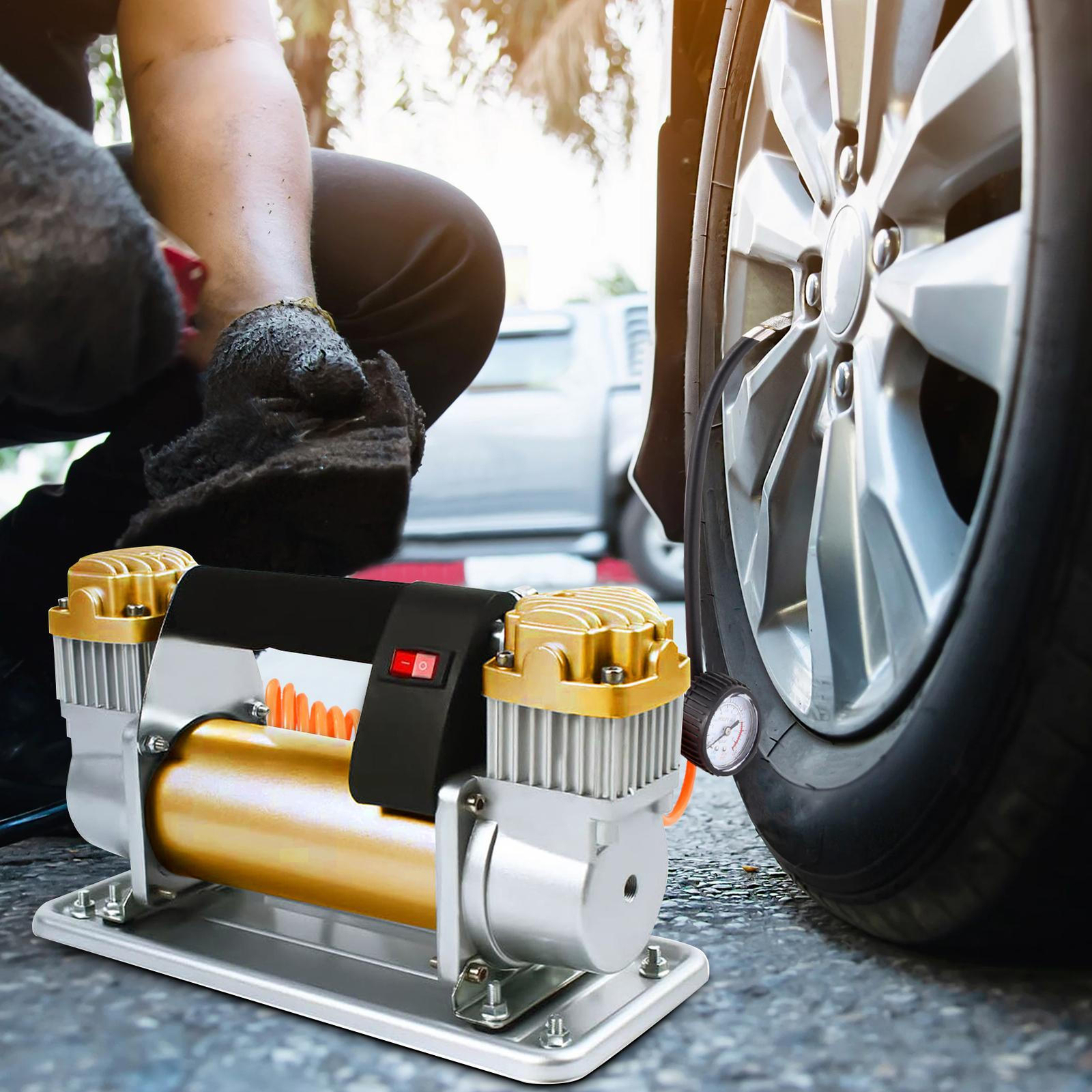 486W 12V Heavy Duty Metal Dual Cylinder Pump Air Compressor Auto Tire Inflator